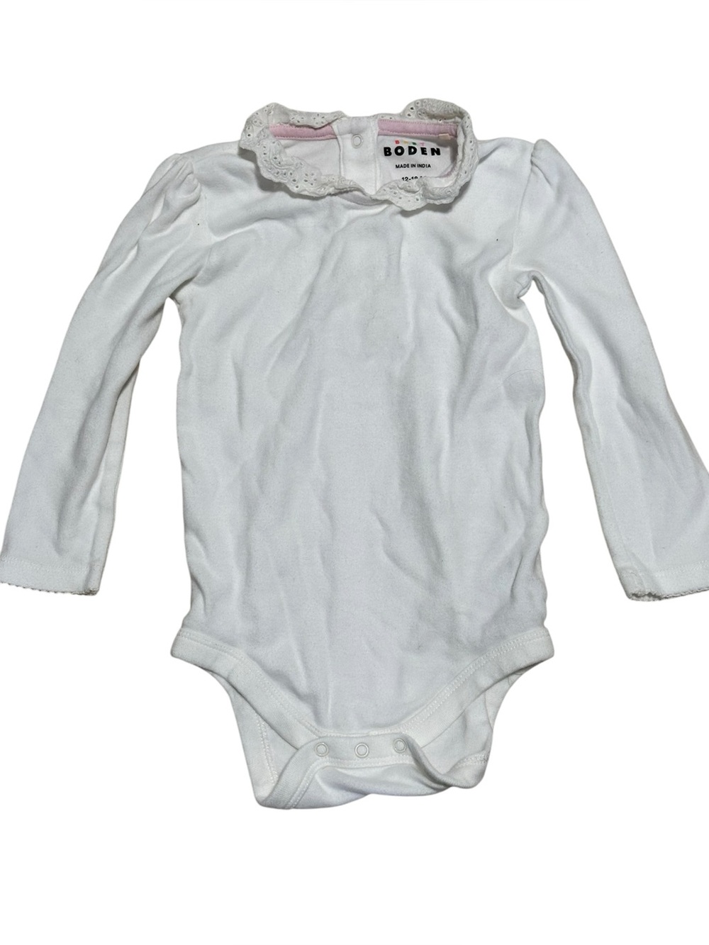Baby Boden White Long Sleeve Baby Bodysuit with Lace Collar 12-18 month